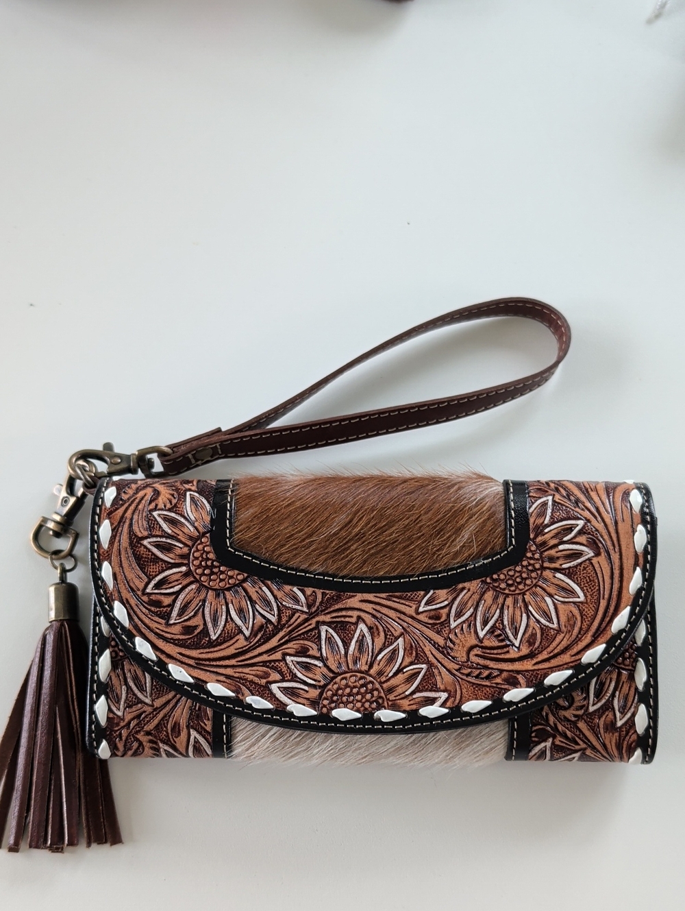 Brown Floral Tooled Leather Wristlet Wallet with Tassel